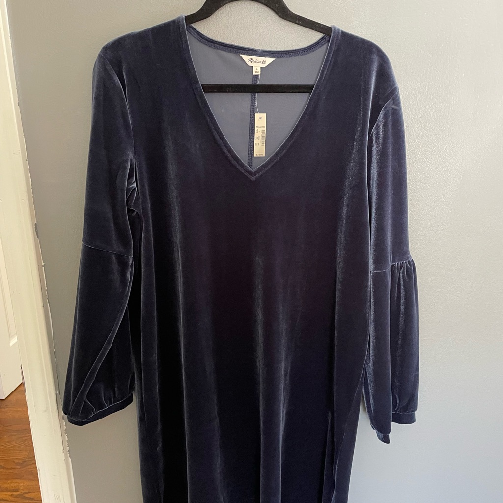 Madewell Shift Blue Velvet Dress With Special Sleeves! Size Large.